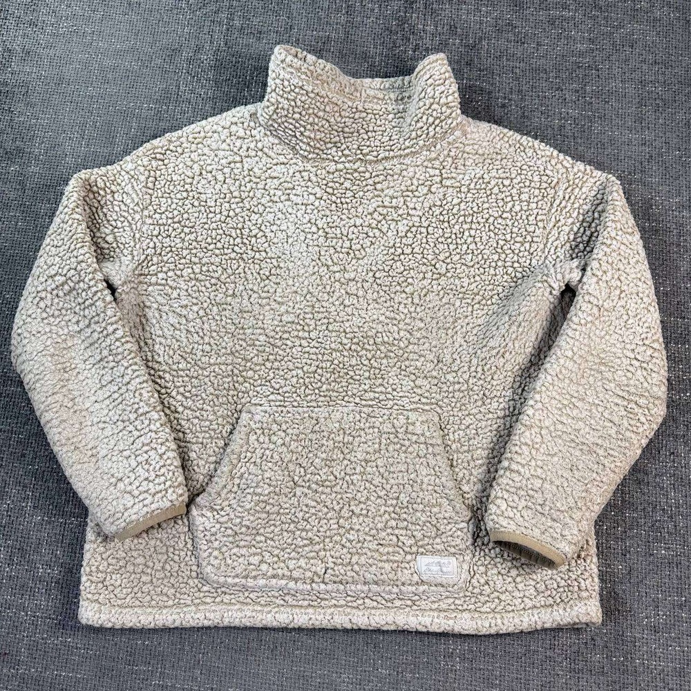 Eddie Bauer Sherpa Fleece Pullover Women L Tan Mock Neck Kangaroo Pocket